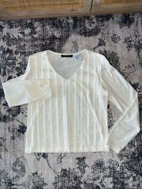 Ingredients Cream V-Neck Long Sleeve Lace-Striped Top